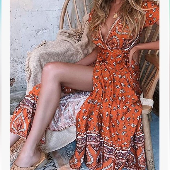 Amazon Dresses & Skirts - Bohemian Floral Printed Wrap V Neck Short Sleeve Split Beach Party Maxi Dress